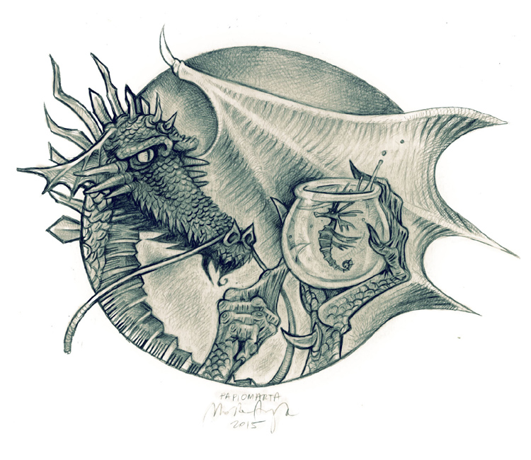 Dragon and his seahorse, rys. Marta Aszyk