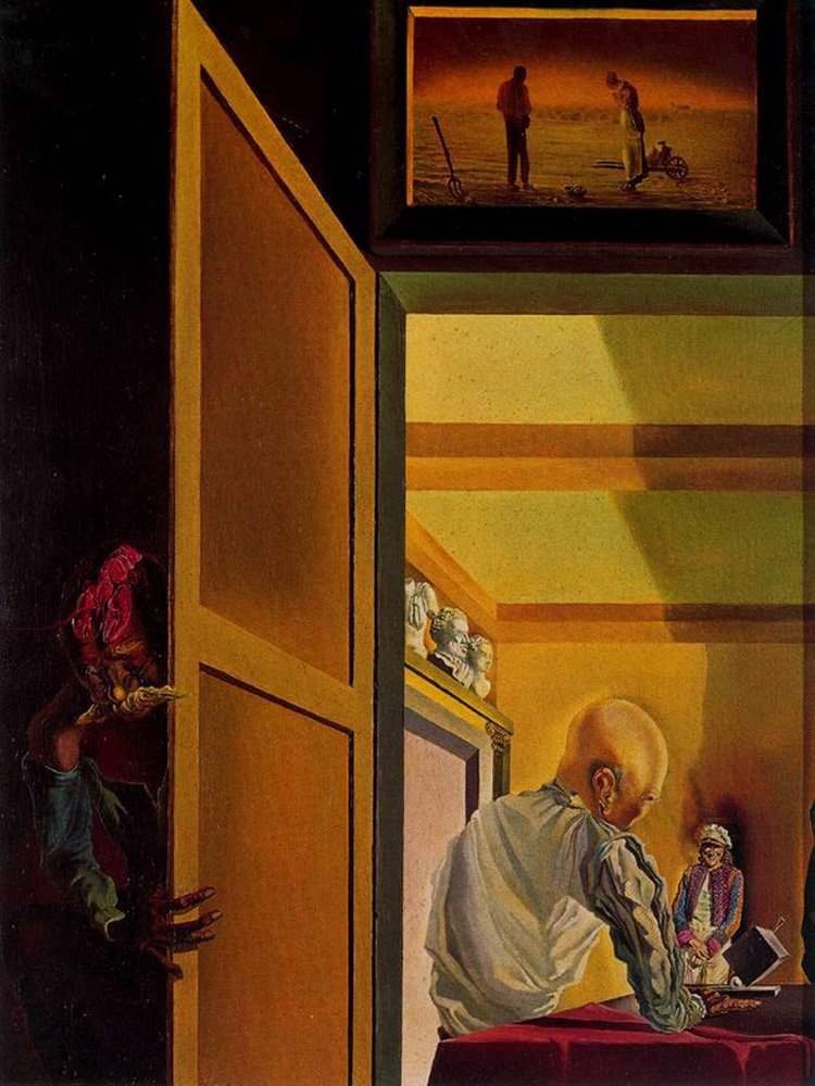 Gala and the Angelus of Millet Preceding the Imminent Arrival of the Conical Anamorphoses, 1933
Salvador Dali